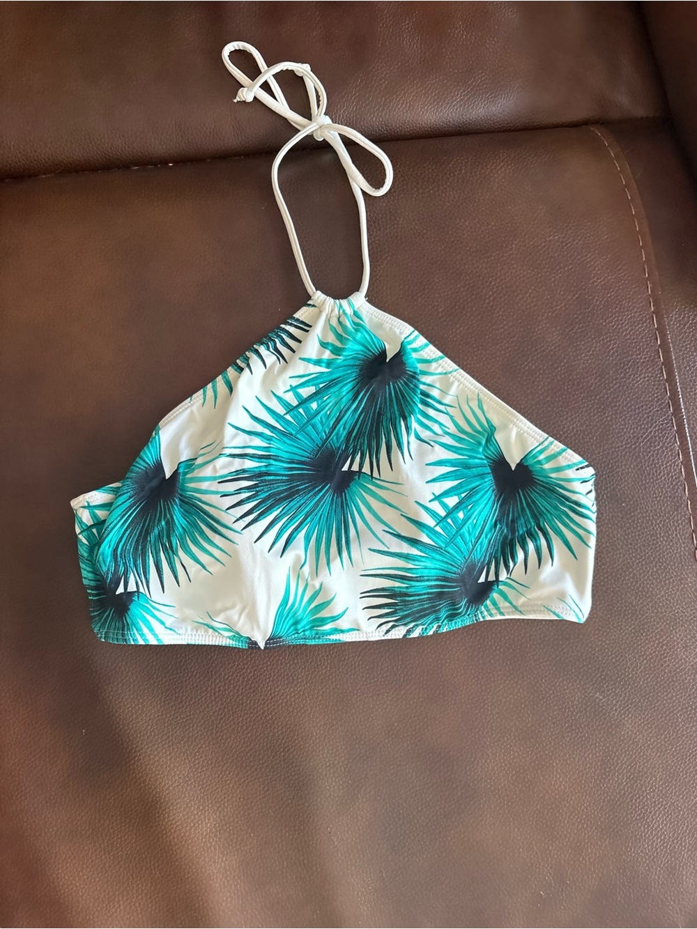 La Hearts White Halter Swim Top with Teal Palm Print